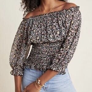 By Anthropologie Top Size Small Black Floral Smocked Peasant Blouse Off Shoulder